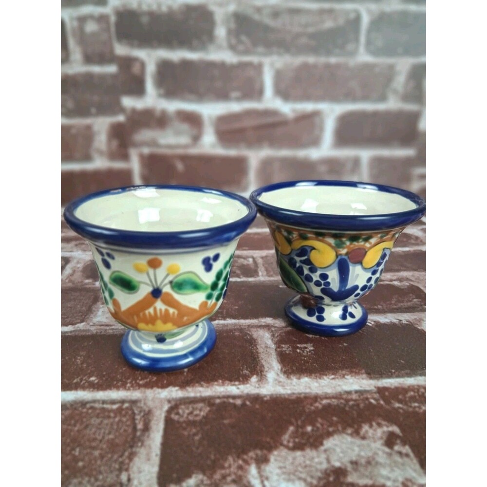 2 Talavera Mexican Folk Art Pottery Small 3.5" Planter Flowerpot Succulents 90s